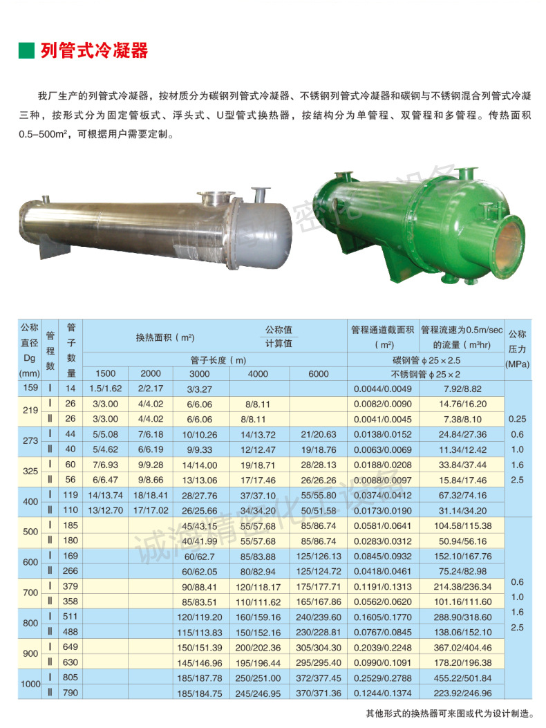 立式列管冷凝器参数尺寸